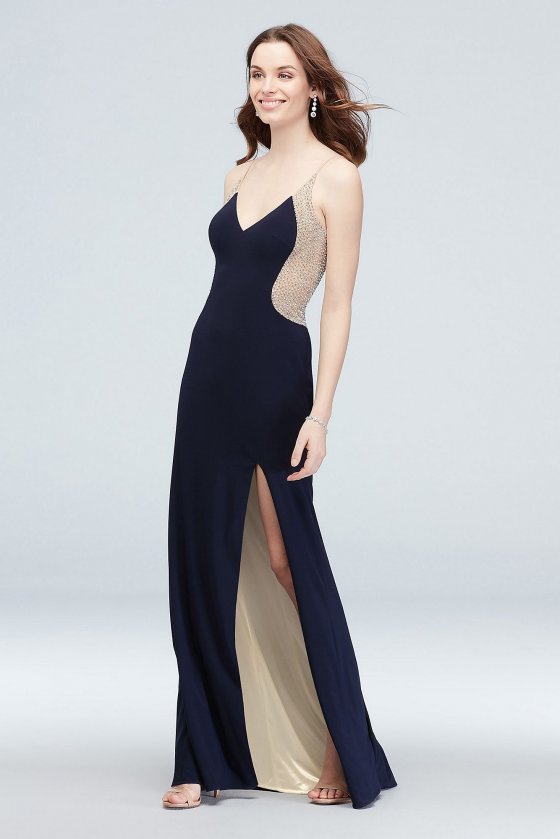 Elegant Long Deep-V Illusion Silhouette Crystal Gown with Slit 2237X [2237X]