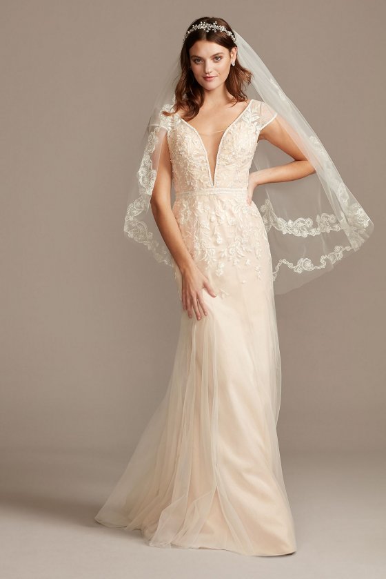 Floral Applique Tulle Cap Sleeve Wedding Dress MS251218 [MS251218]
