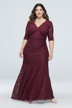 V-Neck Ruched Lace Plus Size Gown with 3/4 Sleeves Nightway 21719W