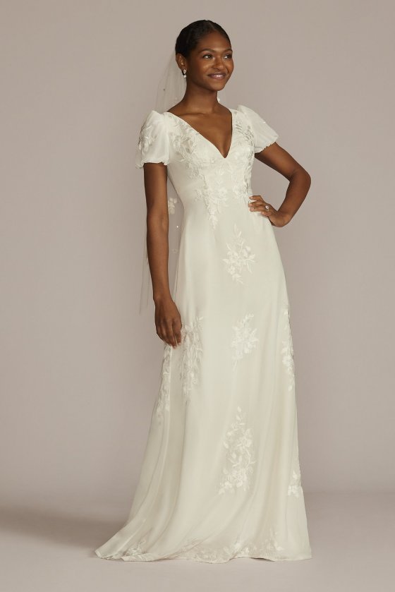 Floral Applique Puff Sleeve V-Neck Wedding Gown DB Studio WG4052