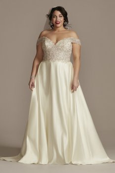 Off Shoulder Beaded Bodice Plus Size Wedding Dress Oleg Cassini 8LBCWG890