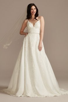Lace Applique Tulle Spaghetti Strap Wedding Dress Oleg Cassini CWG905