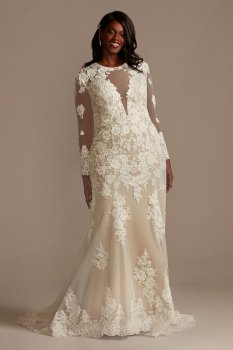 Long Sleeve Plus Size Sequin Floral Wedding Dress Galina Signature 9SLSWG843