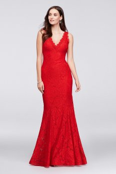 Allover Lace V-Neck Gown with Eyelash Trim A18710