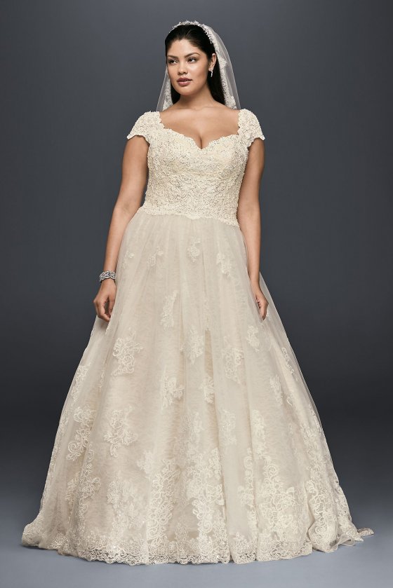 Cap Sleeve Lace Plus Size Ball Gown Wedding Dress 8CWG768 [8CWG768]