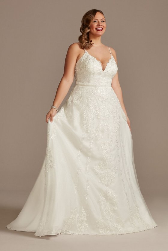 Lace Applique Tulle Tall Plus Wedding Dress Oleg Cassini 4XL8CWG905