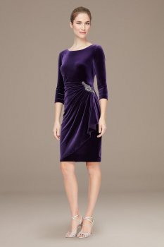 Stretch Velvet Side Ruched Dress with Beaded Hip 1915266
