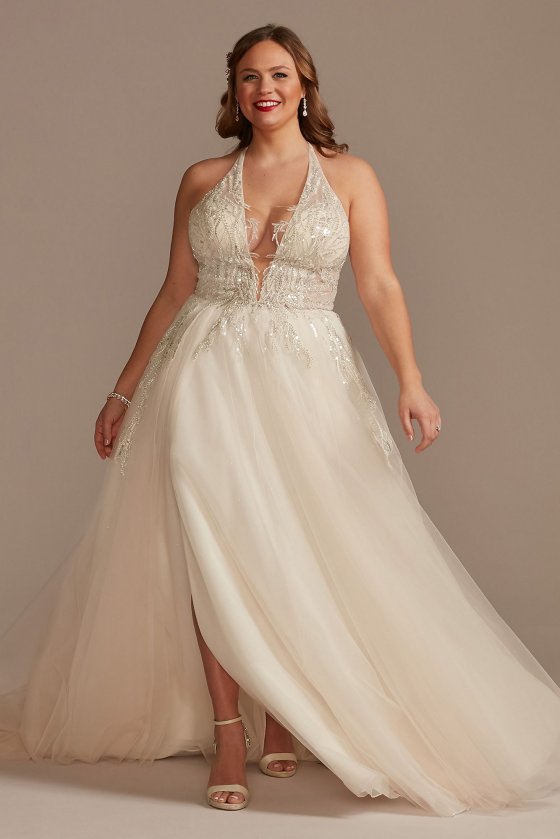Beaded Applique Plunge Tall Plus Wedding Dress Galina Signature 4XL9SWG914