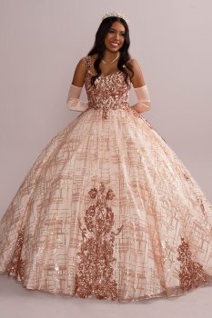 Patterned Sequin Quince Ball Gown with Bolero Fifteen Roses FR2113