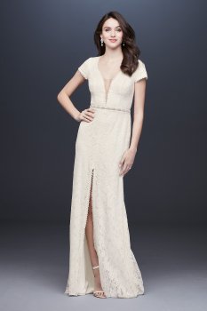 Elegant WG3951 Style Short Sleeves Illusion Deep V-neck Lace Bridal Dress