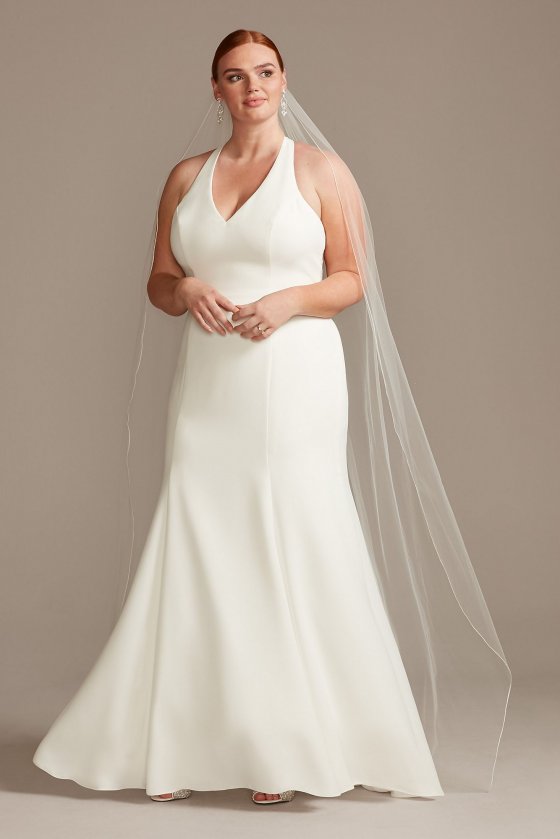 Plus Size Long Fit and Flare V neck Sheer Back Wedding Dress with Lace Train 9WG3989 [M9WG3989]