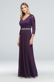 3/4-Sleeve Lace and Chiffon Gown with Beaded Waist 1122032