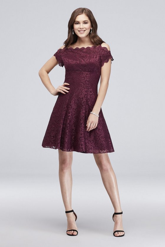 Scalloped Short Off-the-Shoulder Lace A-Line Dress 12395