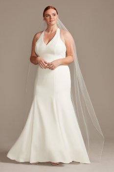 Plus Size Long Fit and Flare V neck Sheer Back Wedding Dress with Lace Train 9WG3989