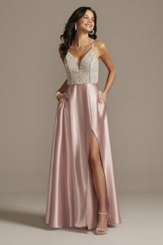 X44451DQ96 Plunging-V Beaded Bodice Satin Prom Party Gown with Pocket and Slit