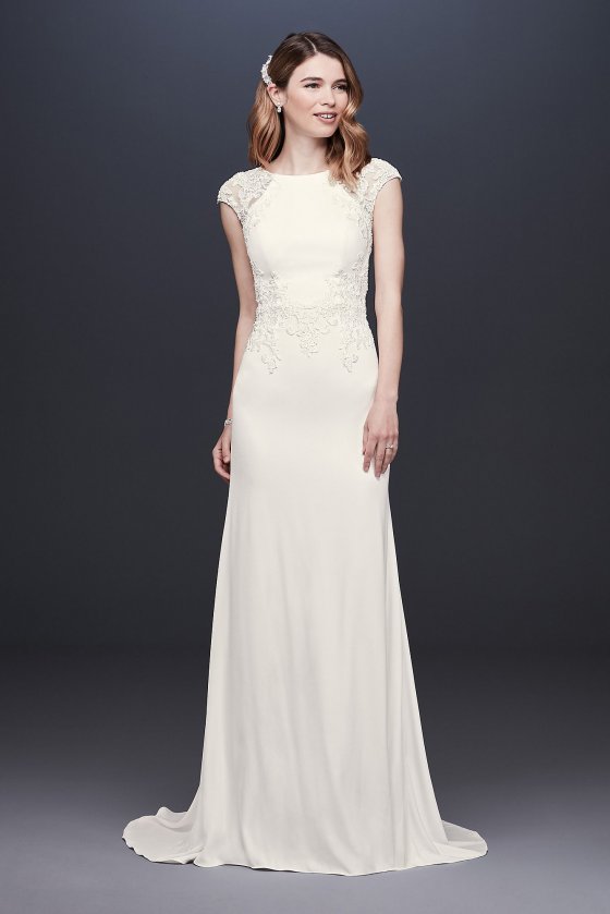 Cap Sleeve Crepe Sheath Wedding Dress Collection WG3939 [WG3939]