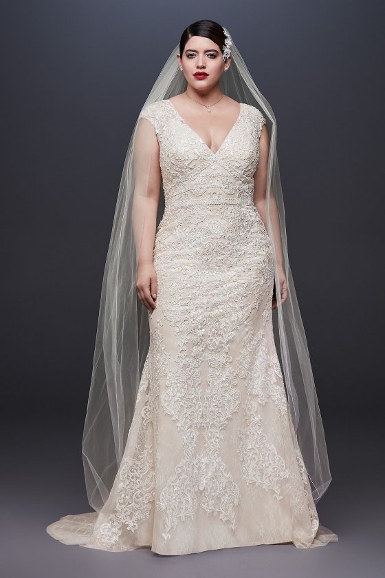 Cap Sleeve Plunging V-Neck Plus Size Wedding Dress 8CWG807 [8CWG807]