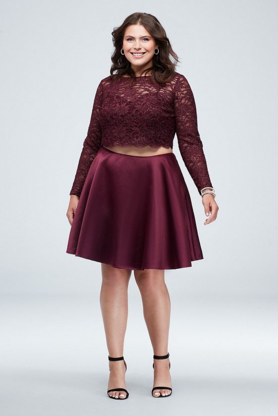 Plus Size 3986CW2W Two Pieces Glitter Lace Crop Top and Mini Skirt Plus Size Set [3986CW2W]