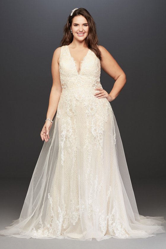Plus Size Tulle A-Line V-Neck Wedding Dress with Illusion Back Style 9SWG722 [9SWG722]