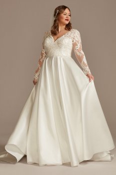 Long Sleeve Satin Plus Size Applique Wedding Dress Oleg Cassini 8CWG908