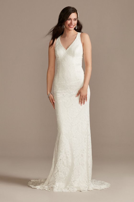 Scalloped Stretch Lace Halter Petite Wedding Dress DB Studio 7WG4047