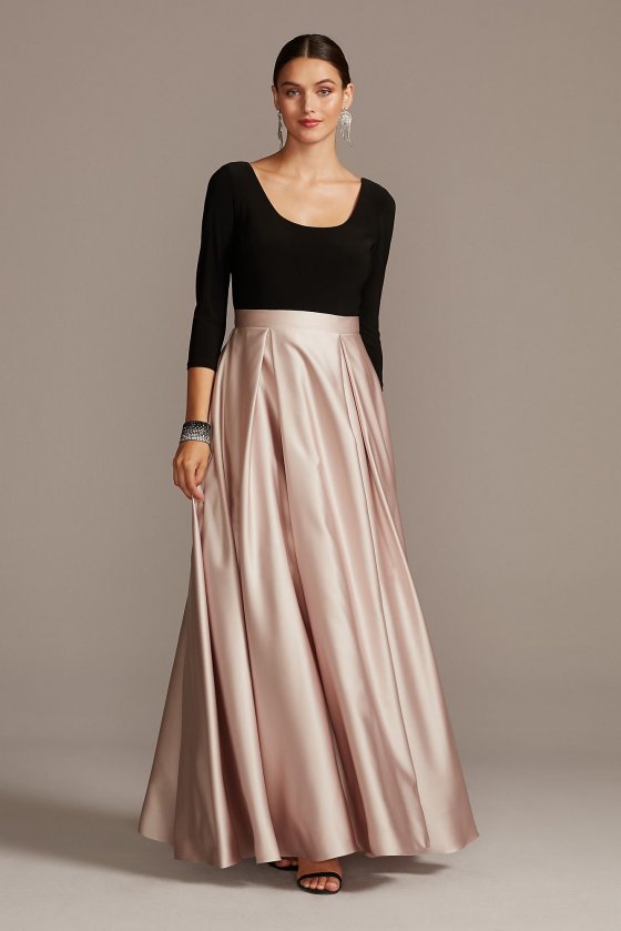 3/4 Sleeve Long Scoop Bodice Gown with Satin Skirt A22424 [A22424]
