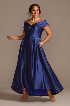 Satin Plus Size Ball Gown with Portrait Collar 3476XW