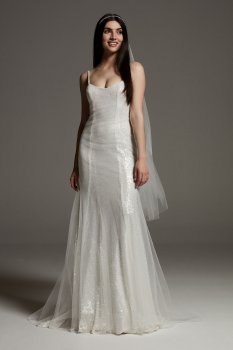 Veiled Tulle Sequin Slip Dress Wedding Dress VW351644