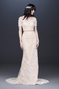 Off the Shoulder Lace Sheath Wedding Dress V3958