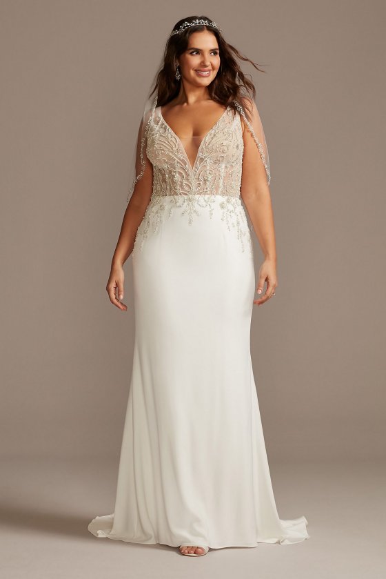 Sheer Plunge Beaded Corset Tall Plus Wedding Dress Galina Signature 4XL9SWG865