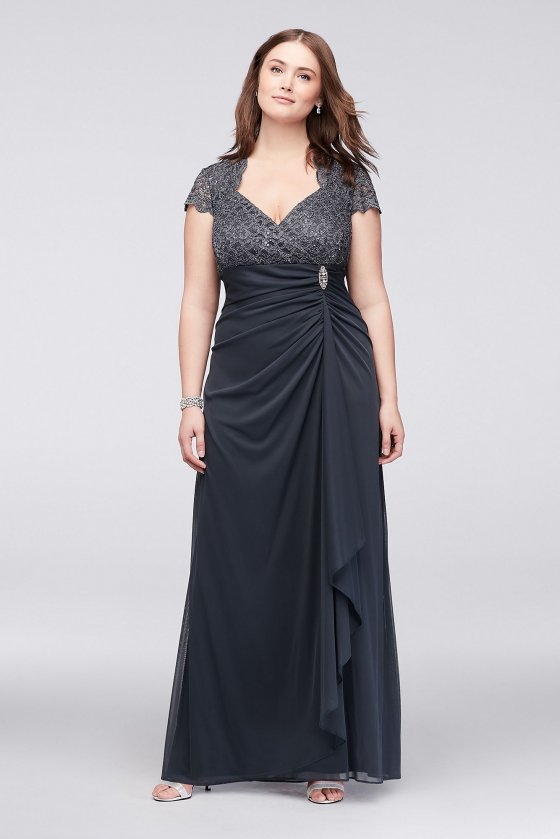 Gathered Jersey Plus Size Dress with Lace Bodice A18436W [A18436W]