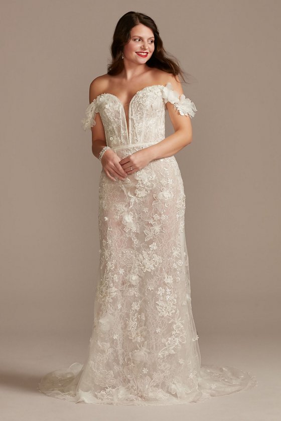 3D Floral Applique Plunge Bodysuit Wedding Dress Galina Signature MBSWG885