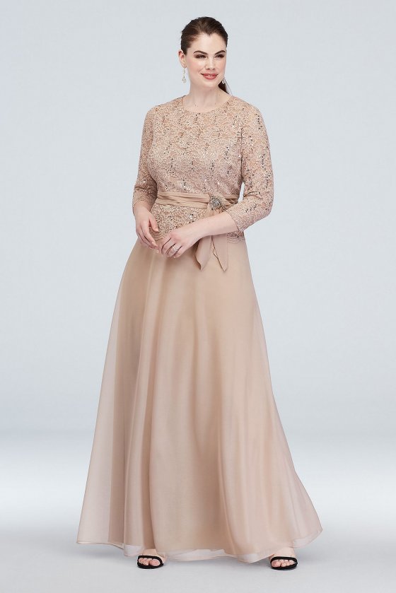 Plus SIze Long Glitter lace Mother of the Bride Dress with 3/4 Sleeves 960545W [MR960545W]