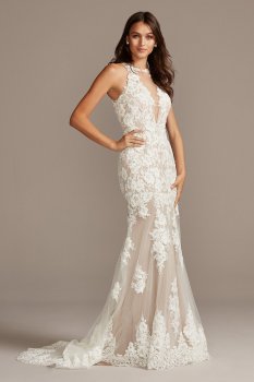 Romantic Long Fitted Floral Lace Appliqued Wedding Dress Style SWG843