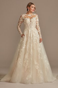 Lace Illusion Long Sleeve Tall Wedding Dress Oleg Cassini 4XLSLCWG833