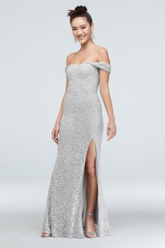 3622BE4B Off-the-Shoulder Metallic Lace Dress with Slit