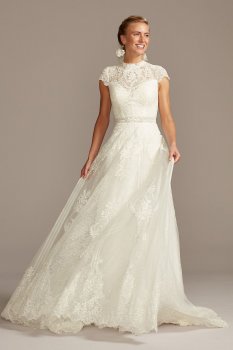 Mock Neck Long A-line Lace and Tulle MS251205 Wedding Dress