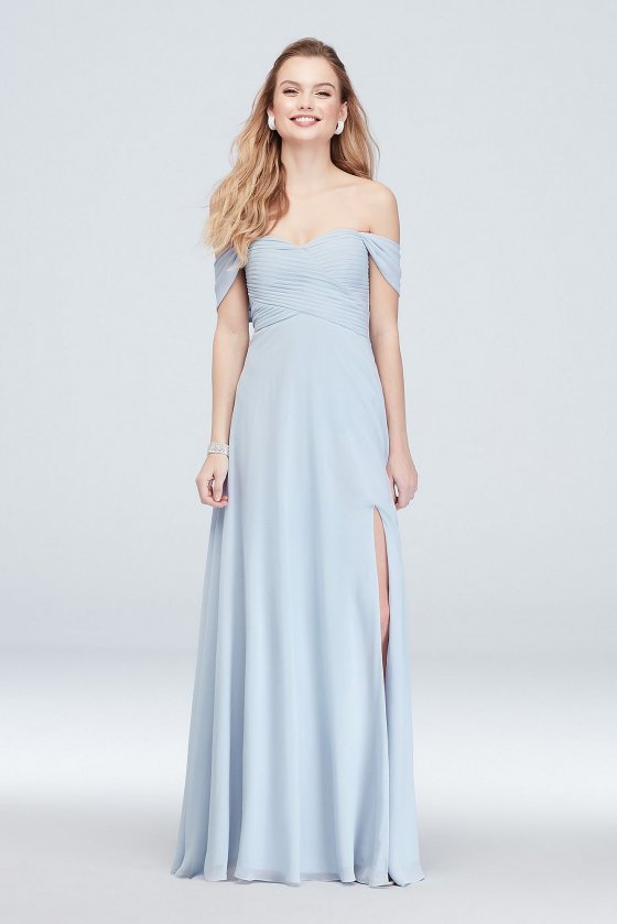 Off the Shoulder Pleated Bodice Gown with Slit 7147GG8S [7147GG8S]