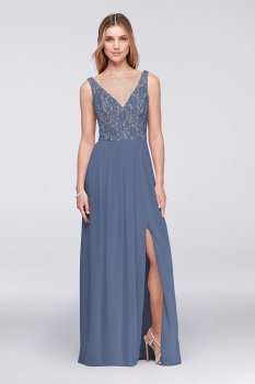 V-Neck Illusion Lace and Mesh Dress W11104