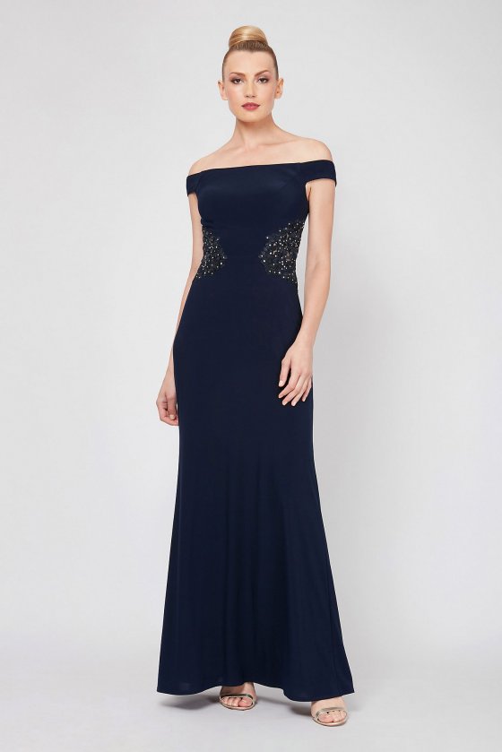 7135148 Elegant Off-the-Shoulder Sheath Dress with Sequin Waist [7135148]