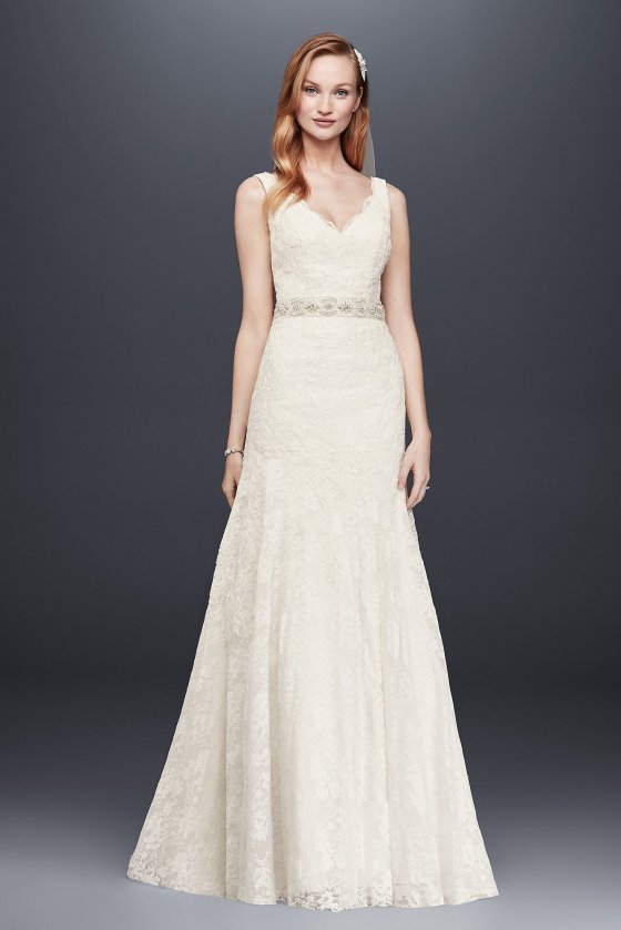 Lace Wedding Dress with Scalloped V-Neck Jewel WG3757