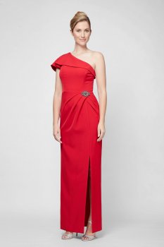 One-Shoulder Crepe Gown with Beaded Hip Detail 8160163