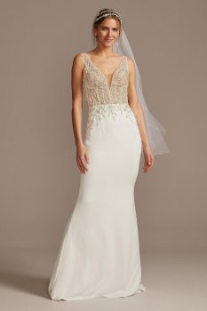 Sheer Plunge Beaded Corset Crepe Wedding Dress Galina Signature SWG865