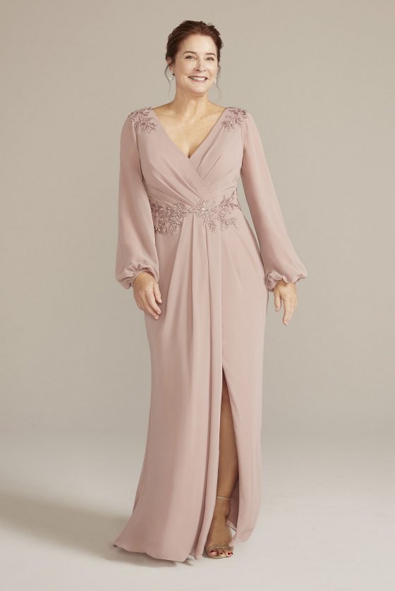 Plus Embellished Chiffon Gown with Long Sleeves Oleg Cassini WBM2815W