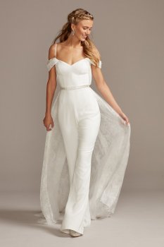 Moder MS251212 Style Cold Shoulder Wedding Jumpsuit with Lace Train