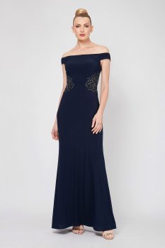 7135148 Elegant Off-the-Shoulder Sheath Dress with Sequin Waist