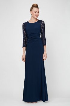 Modern Long Sheath 9135109 Sequin Lace Full Sleeve Ruched Jersey Dress