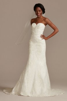 Shirred Bodice Floral Lace Strapless Wedding Dress Oleg Cassini CWG906