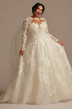 Lace Illusion Long Sleeve Tall Plus Wedding Dress Oleg Cassini 4XL8SLCWG833