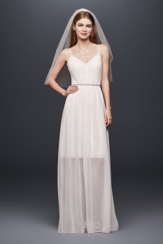 Pleated Chiffon Gown with Ribbon Straps and Lace SDWG0688
